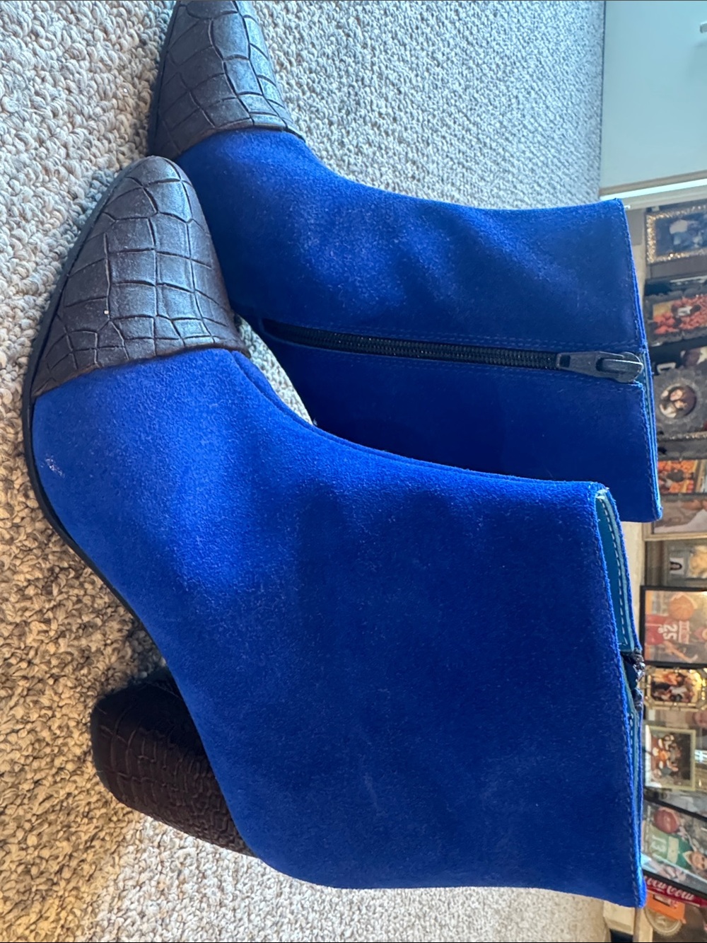 Blue Suede Ankle Boots with Croc-Texture Toe made and bought in Italy